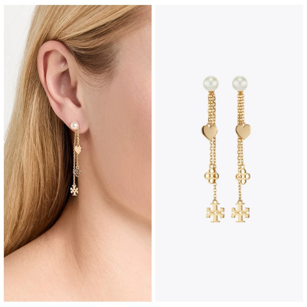 Tory Burch Gold Heart Clover Faux Pearl Linear Earrings